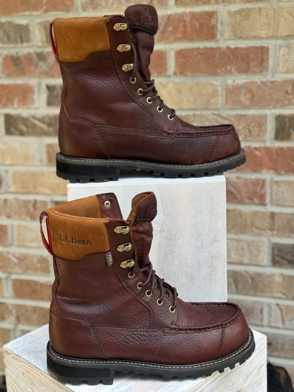 L.L. Bean Dark Brown Leather Moc Toe Boots with Tan Collar
